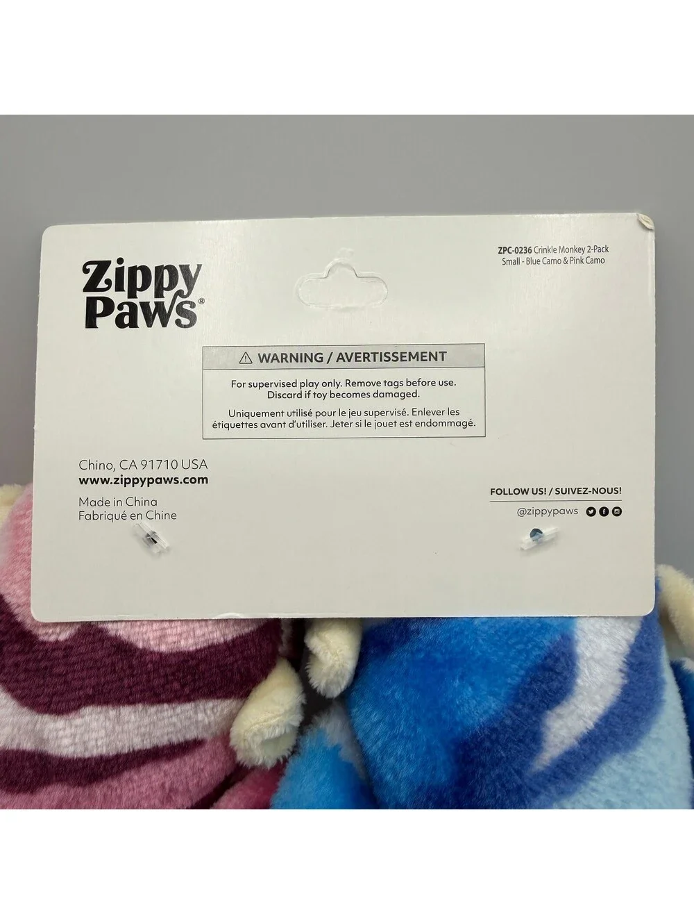 ZippyPaws Plush Dog Toy 2 Pack Monkey Squeaker Long Legs Blue & Pink Camo Stripe